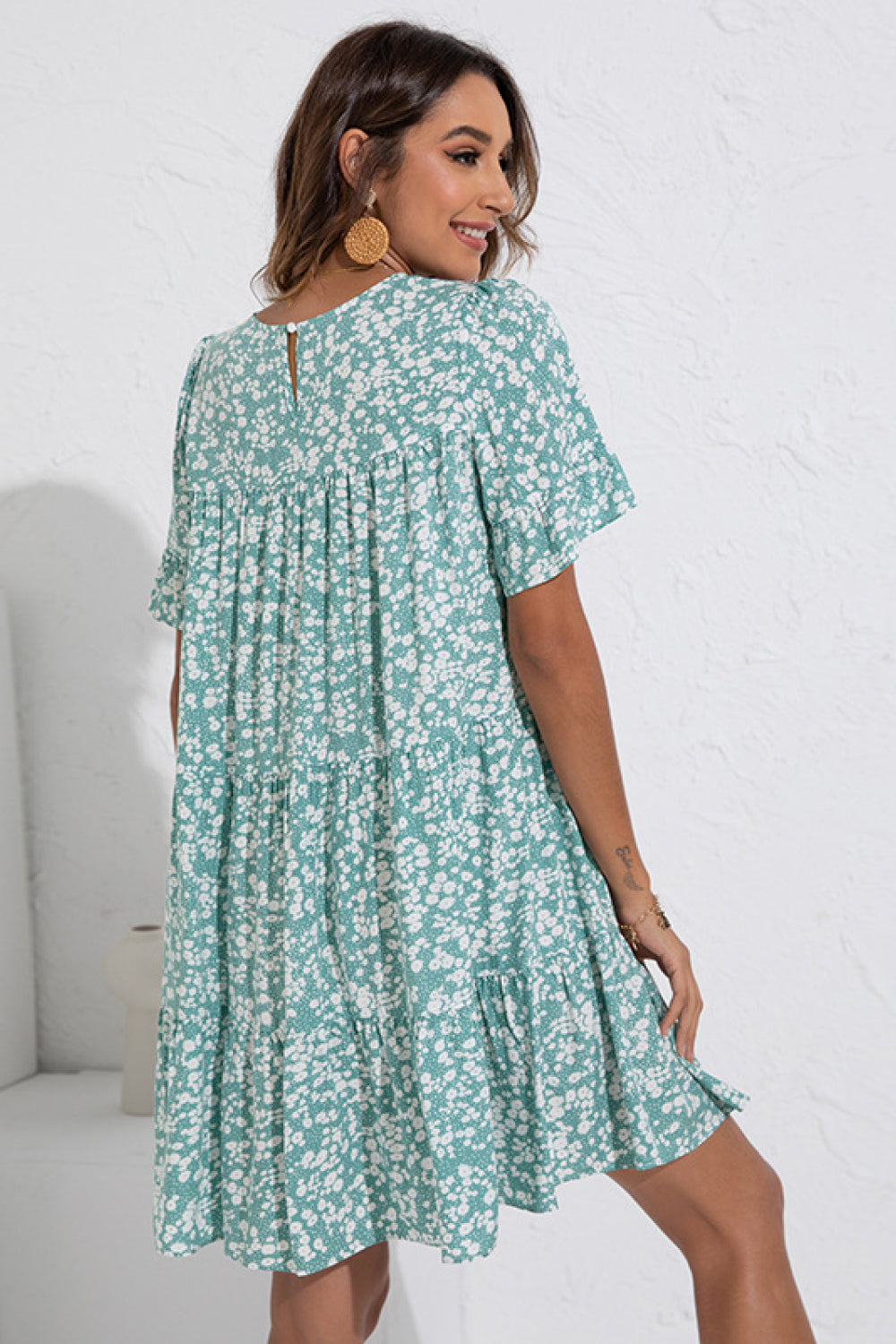 Floral Round Neck Ruffle Sleeve Dress - Absolute Fashion 2020