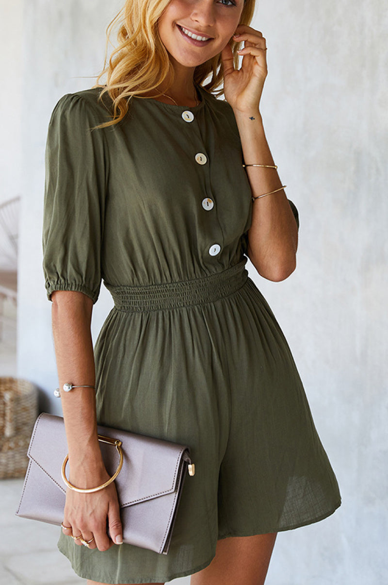 High Neck Button Smocked Waist Romper - Absolute Fashion 2020