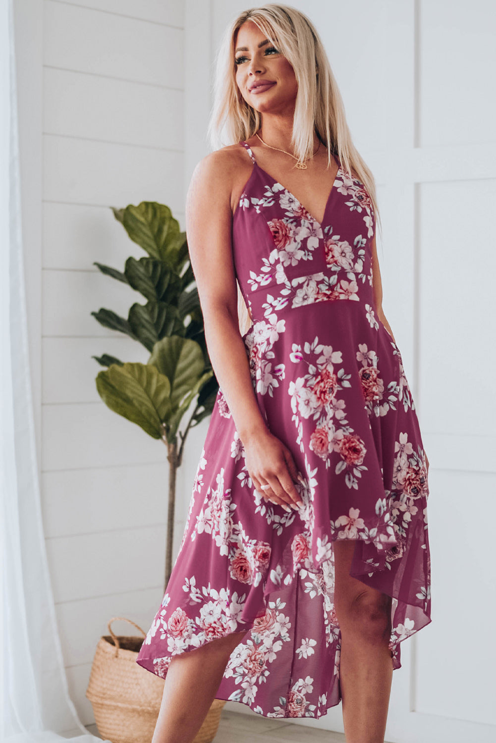 Floral Cutout High-Low Lace Back Dress