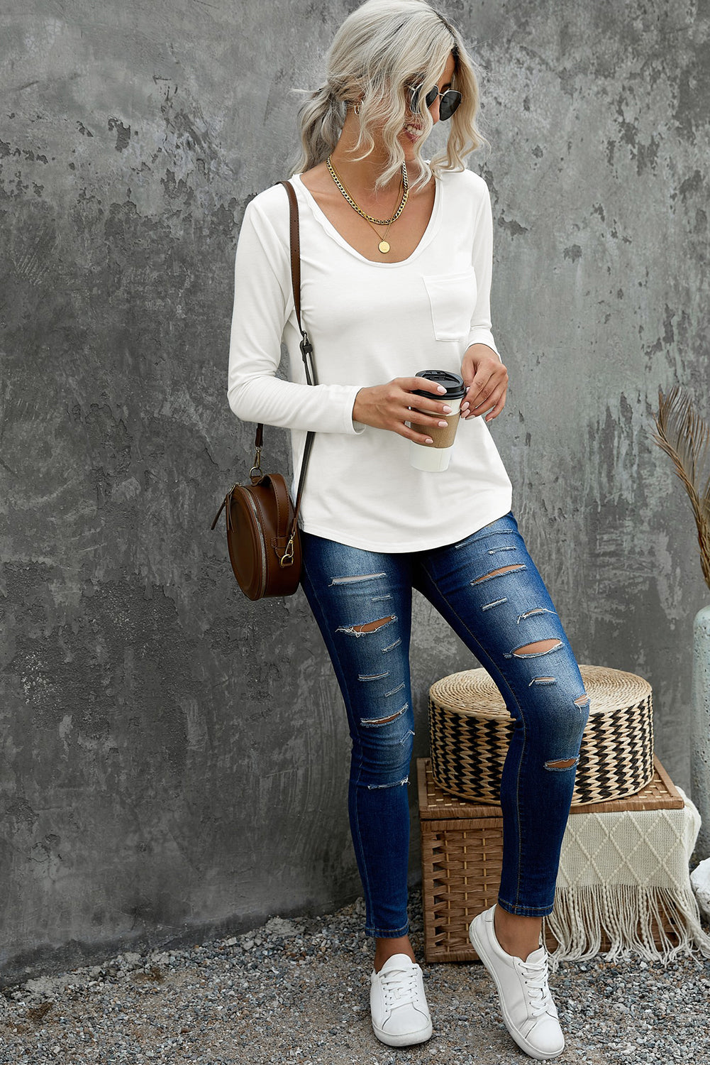 Chest Pocket V-Neck Curved Hem Top - Absolute Fashion 2020