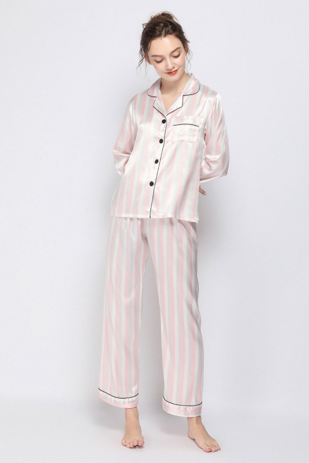 Satin Button-Up Lapel Collar Top and Pants Pajama Set