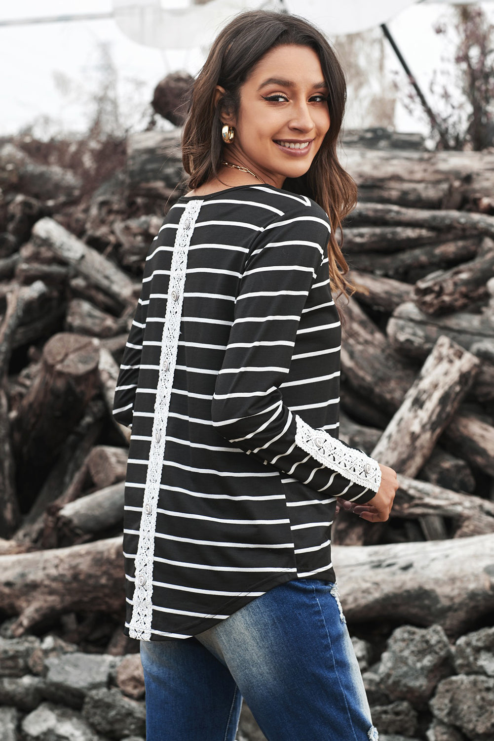 Striped Lace Button Detail Top - Absolute Fashion 2020