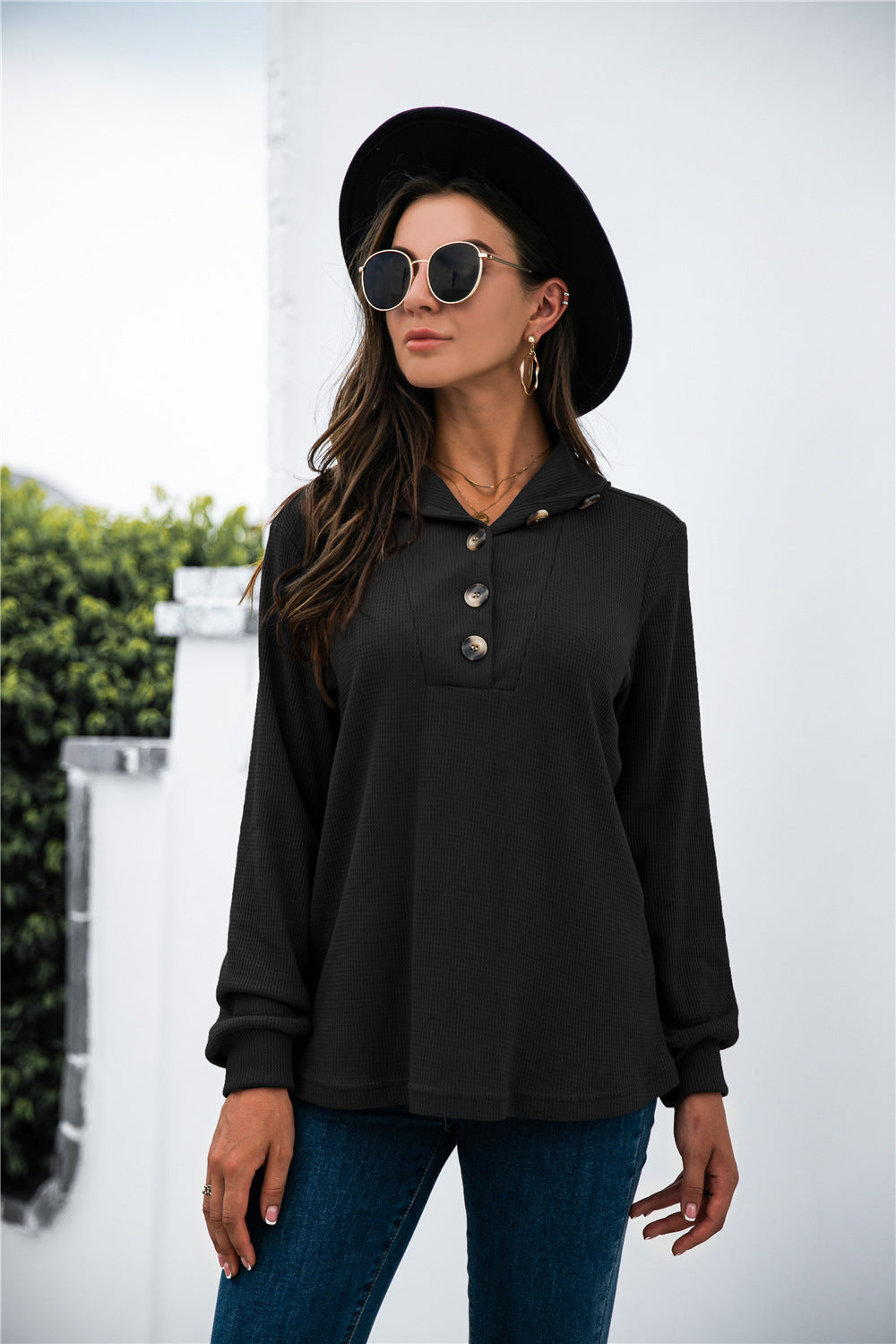 Button Lapel Collar Half Placket Top - Absolute Fashion 2020