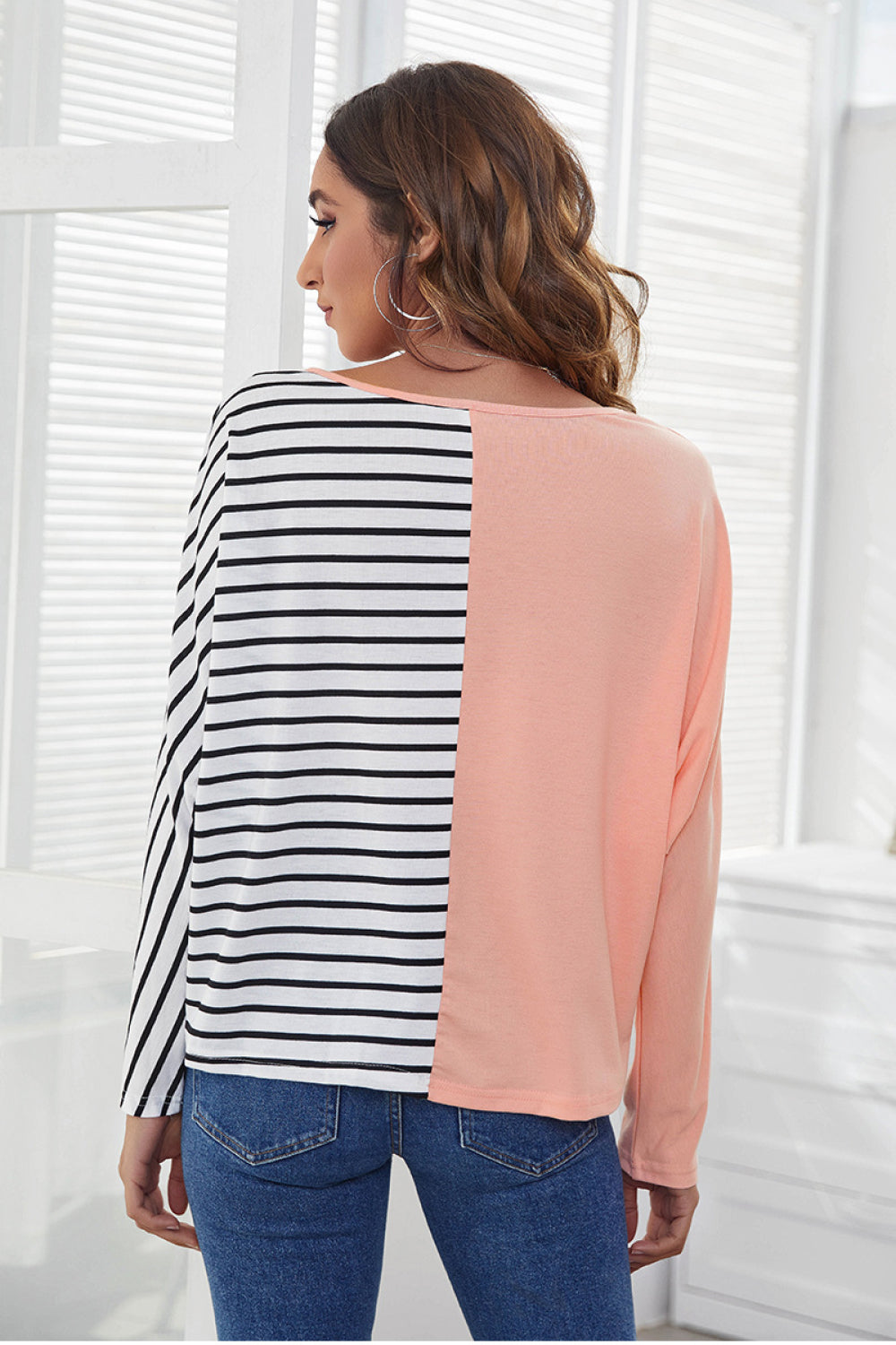 Striped Spliced V-Neck Long-Sleeve T-Shirt