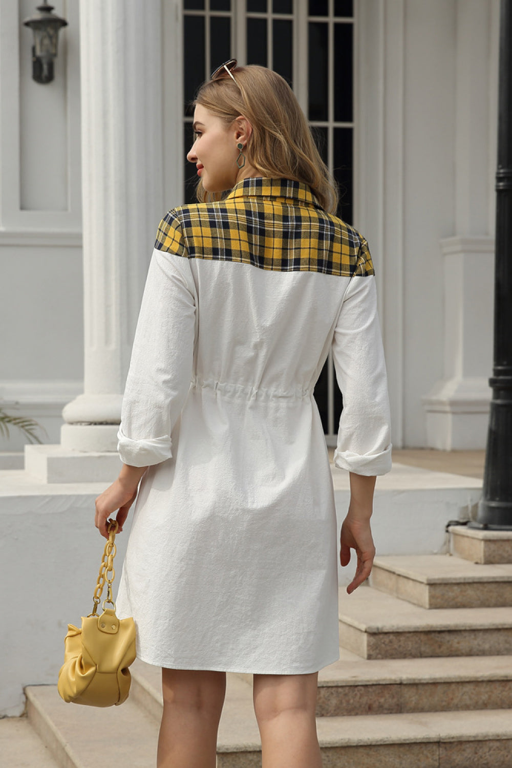 Collared Splicing Color Lace-up Dress