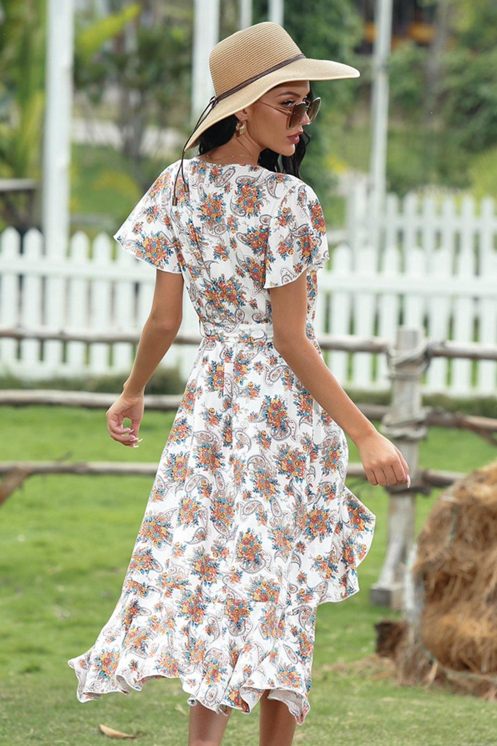 V-neck Floral Irregular Dress