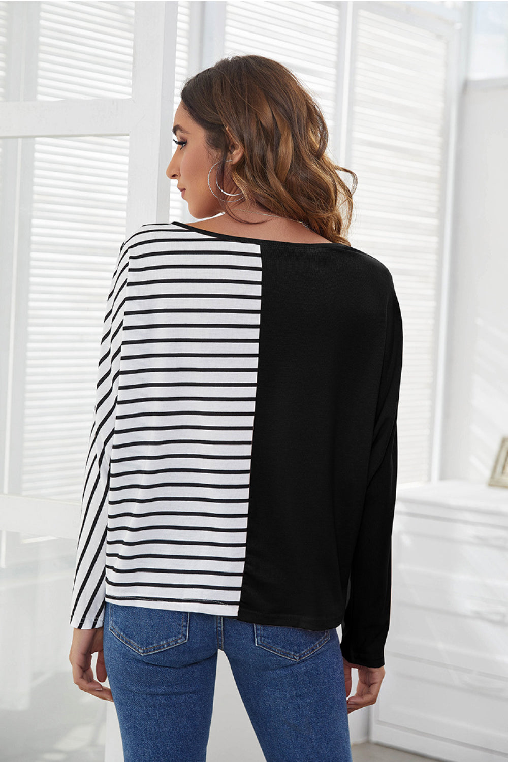 Striped Spliced V-Neck Long-Sleeve T-Shirt