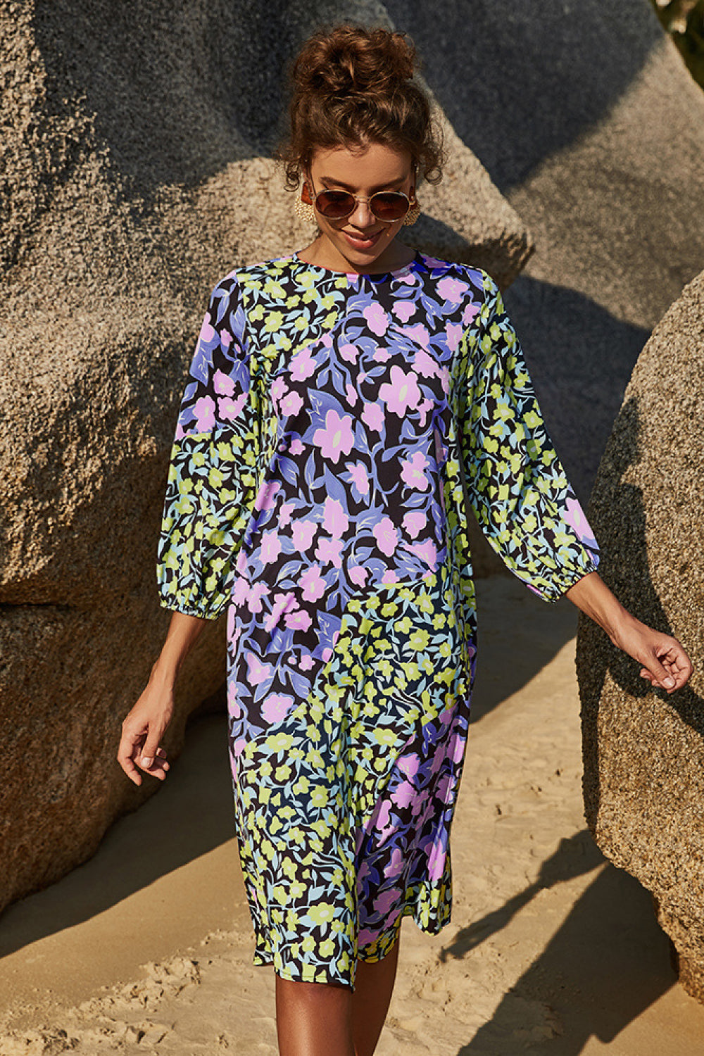 Floral Three Quarter Sleeve Dress - Absolute Fashion 2020