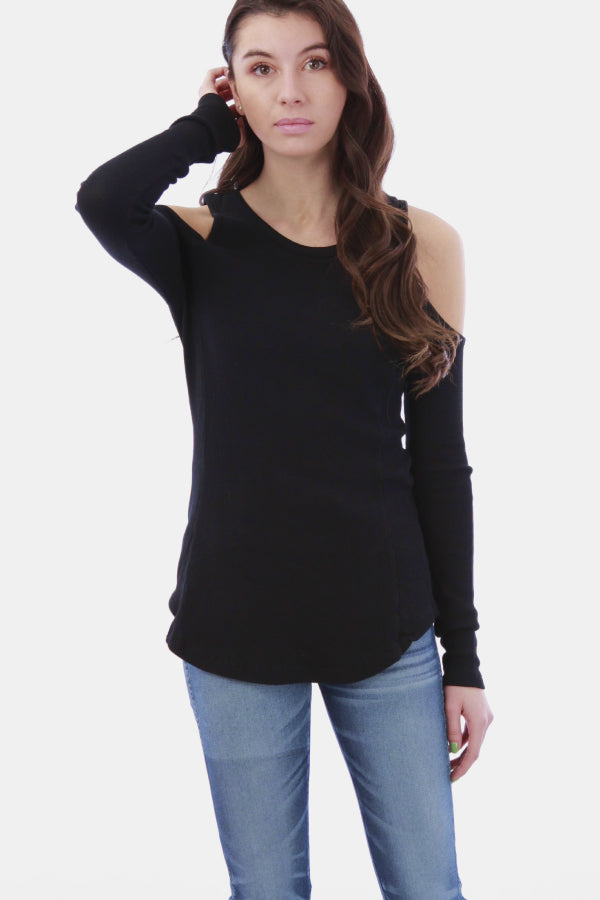 Cold Shoulder Solid Thermal Knit Top