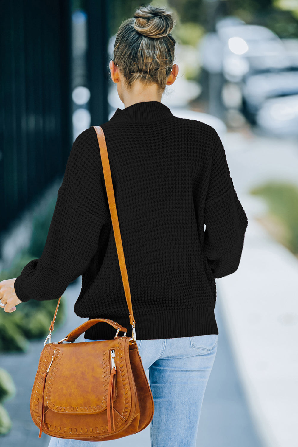 Ribbed Detail Mock Neck Waffle Sweater - Absolute Fashion 2020