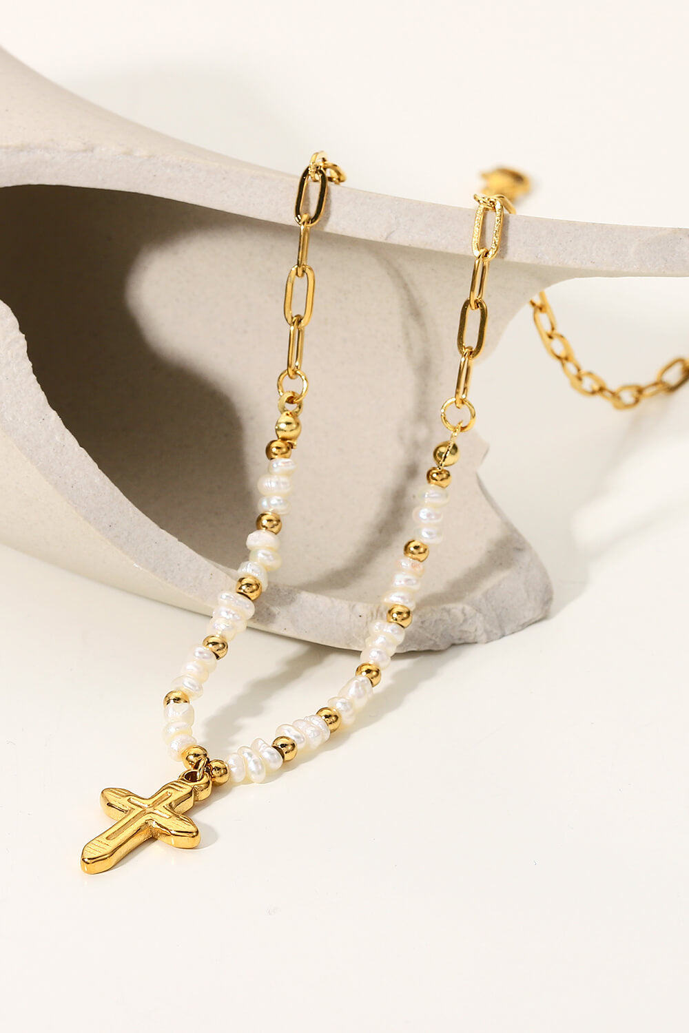 18K Stainless Steel Pearl Cross Pendant Necklace