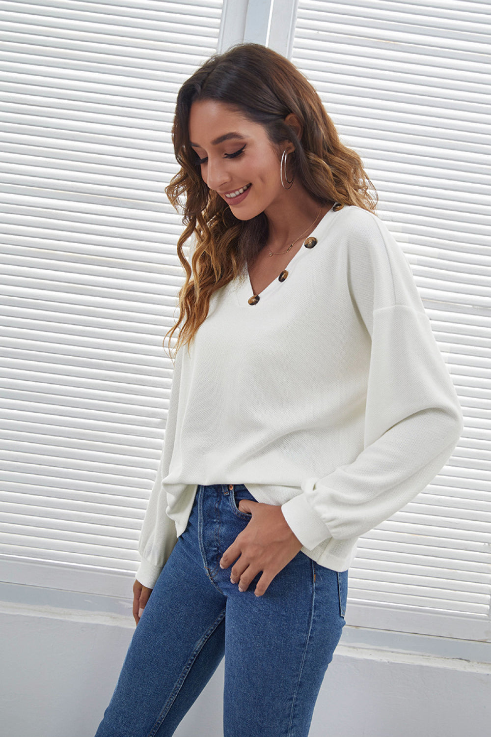 Button Trim V-Neck Knitted Pullover