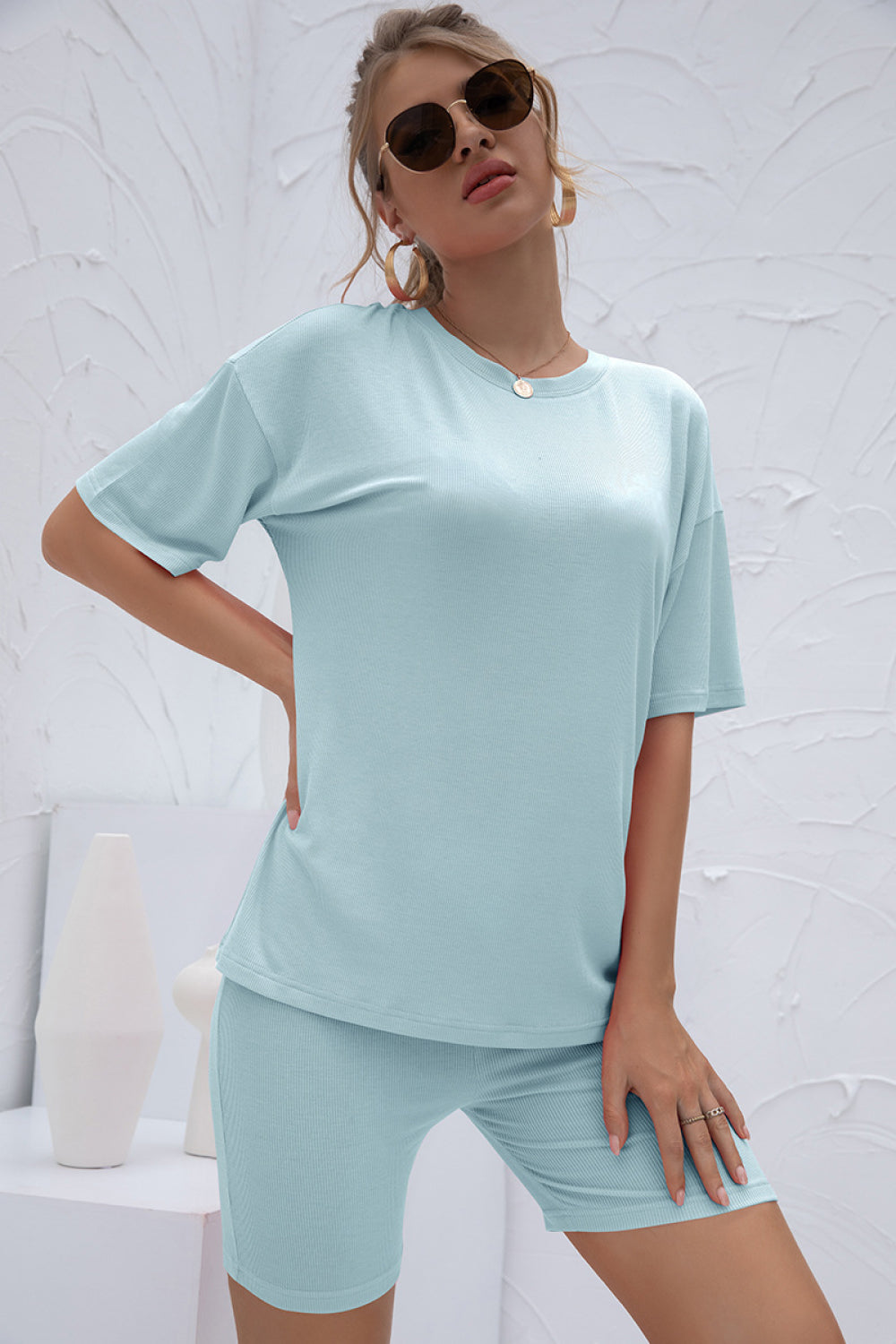 Round Neck Short Sleeve and Pants Set - Absolute Fashion 2020