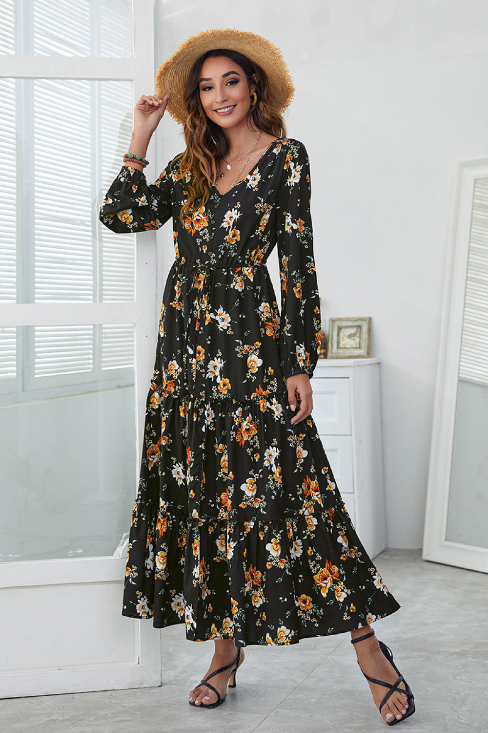 Floral Slit Hem Tiered Midi Dress