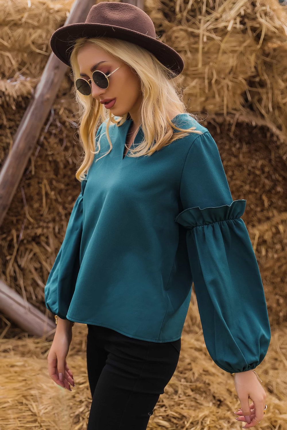 Ruffled Balloon Sleeve Notched Neck Blouse
