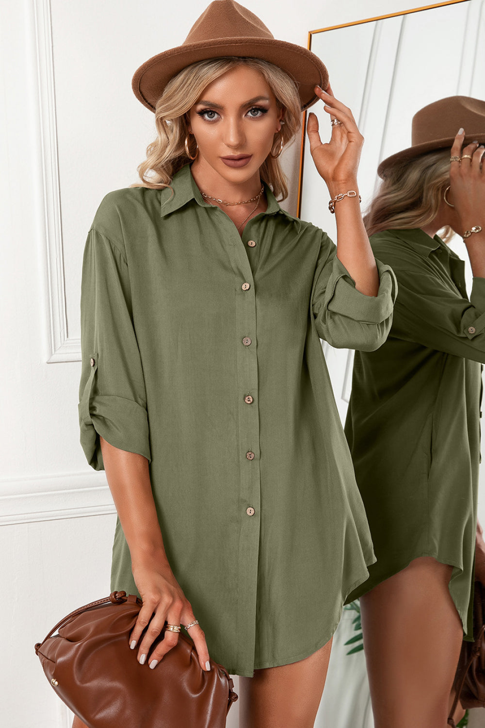Solid Button Up Drop Shoulder Blouse - Absolute Fashion 2020