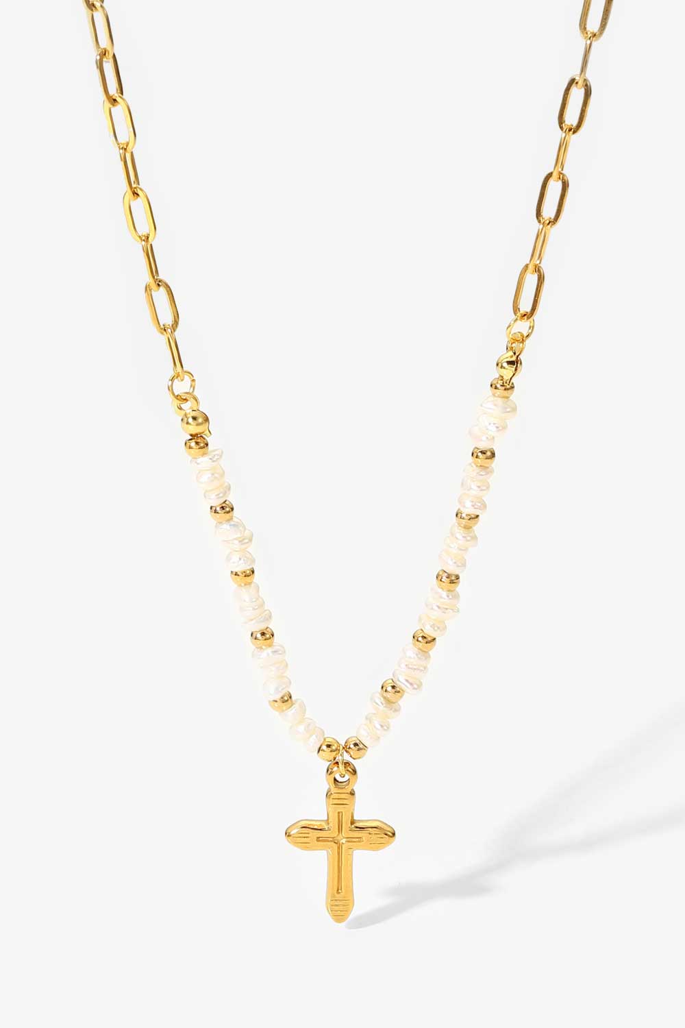 18K Stainless Steel Pearl Cross Pendant Necklace