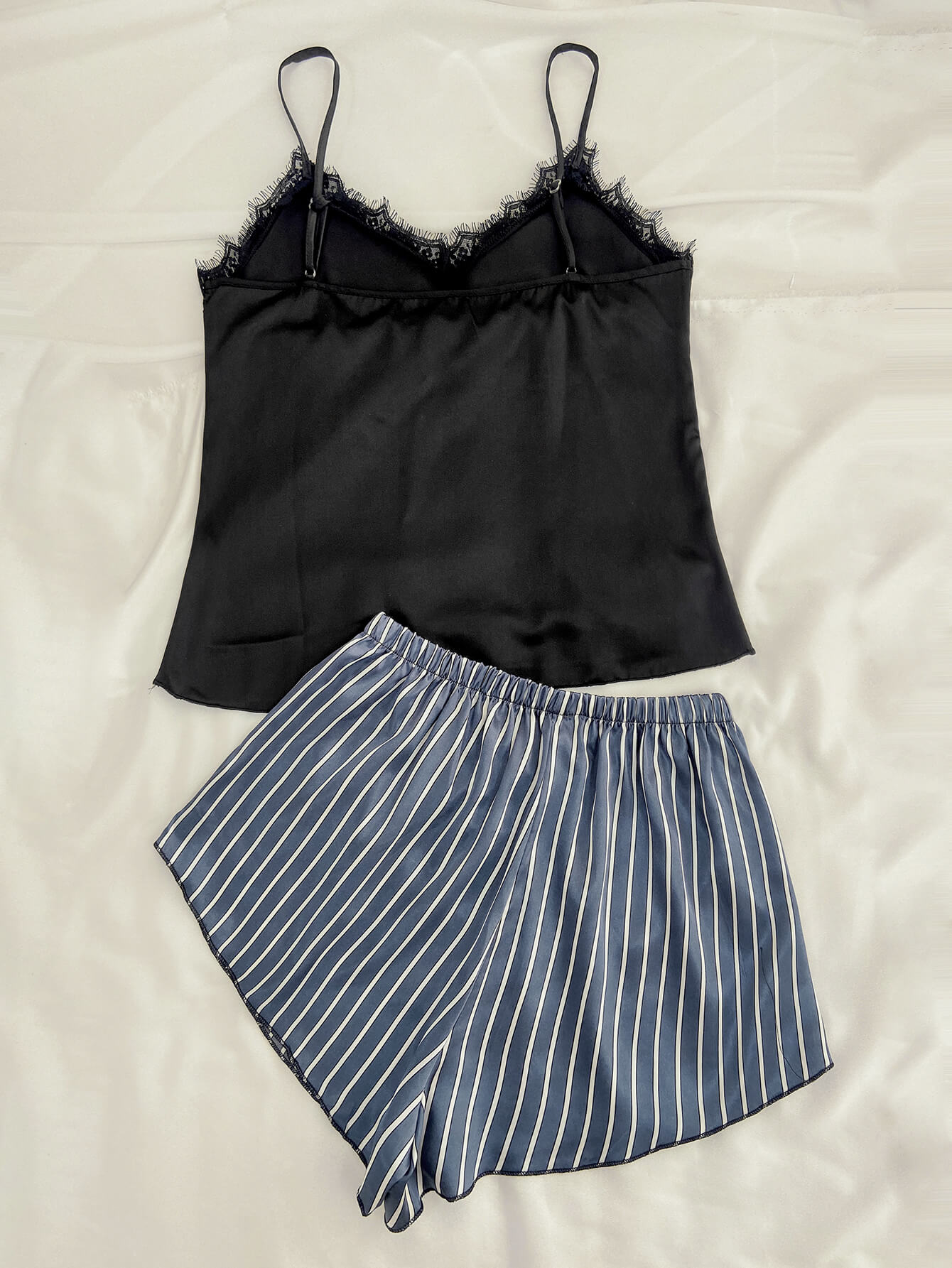 Lace Trim Spaghetti Strap Cami and Striped Shorts Pajama Set