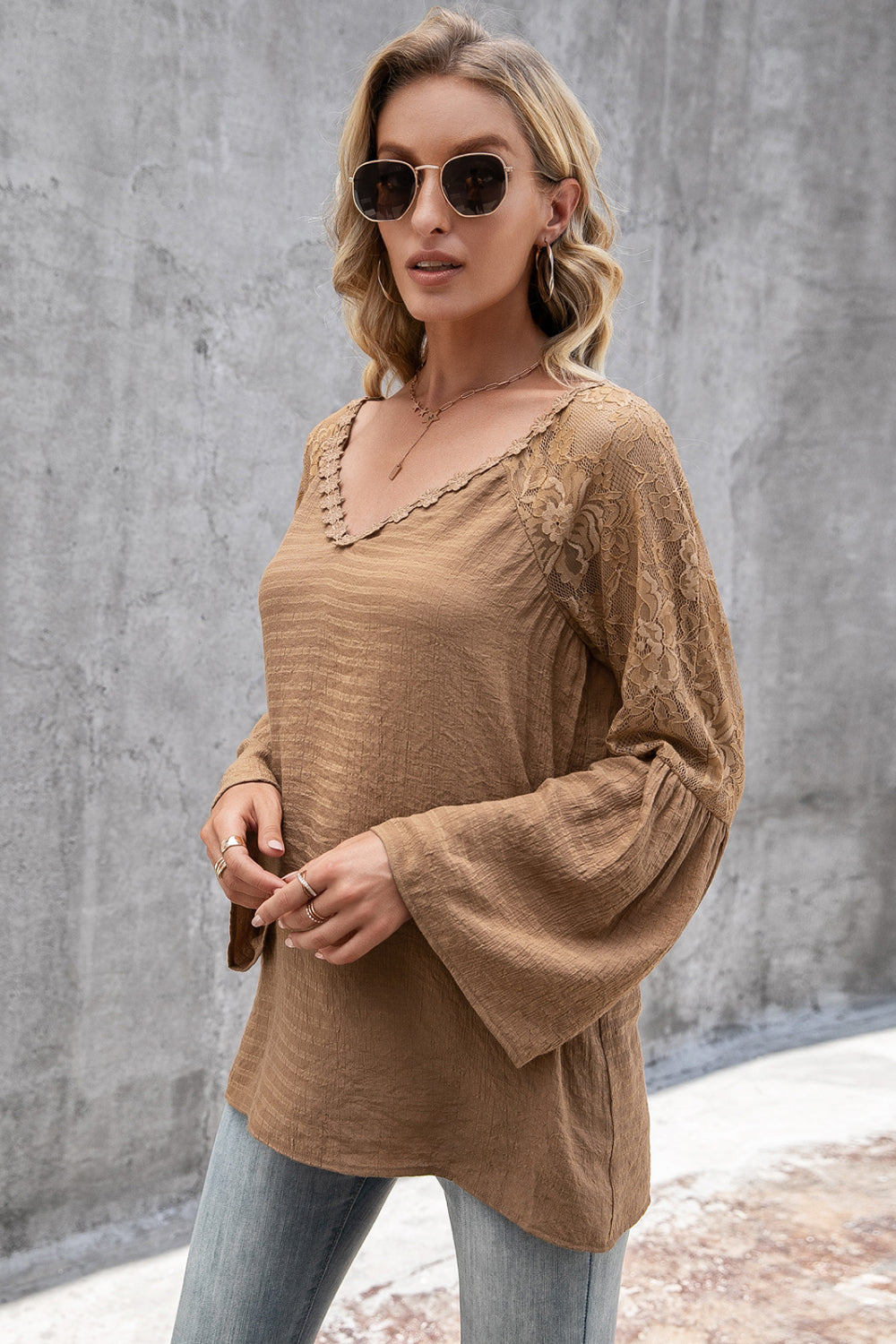 Lace Trim Flare Sleeve Top - Absolute Fashion 2020