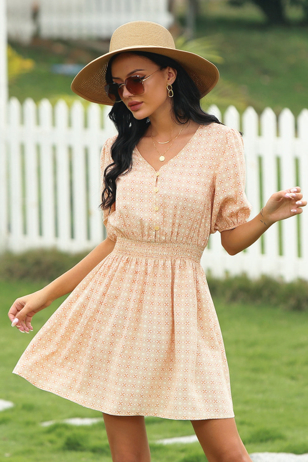 Printed V-neckline Tie Waist Dress