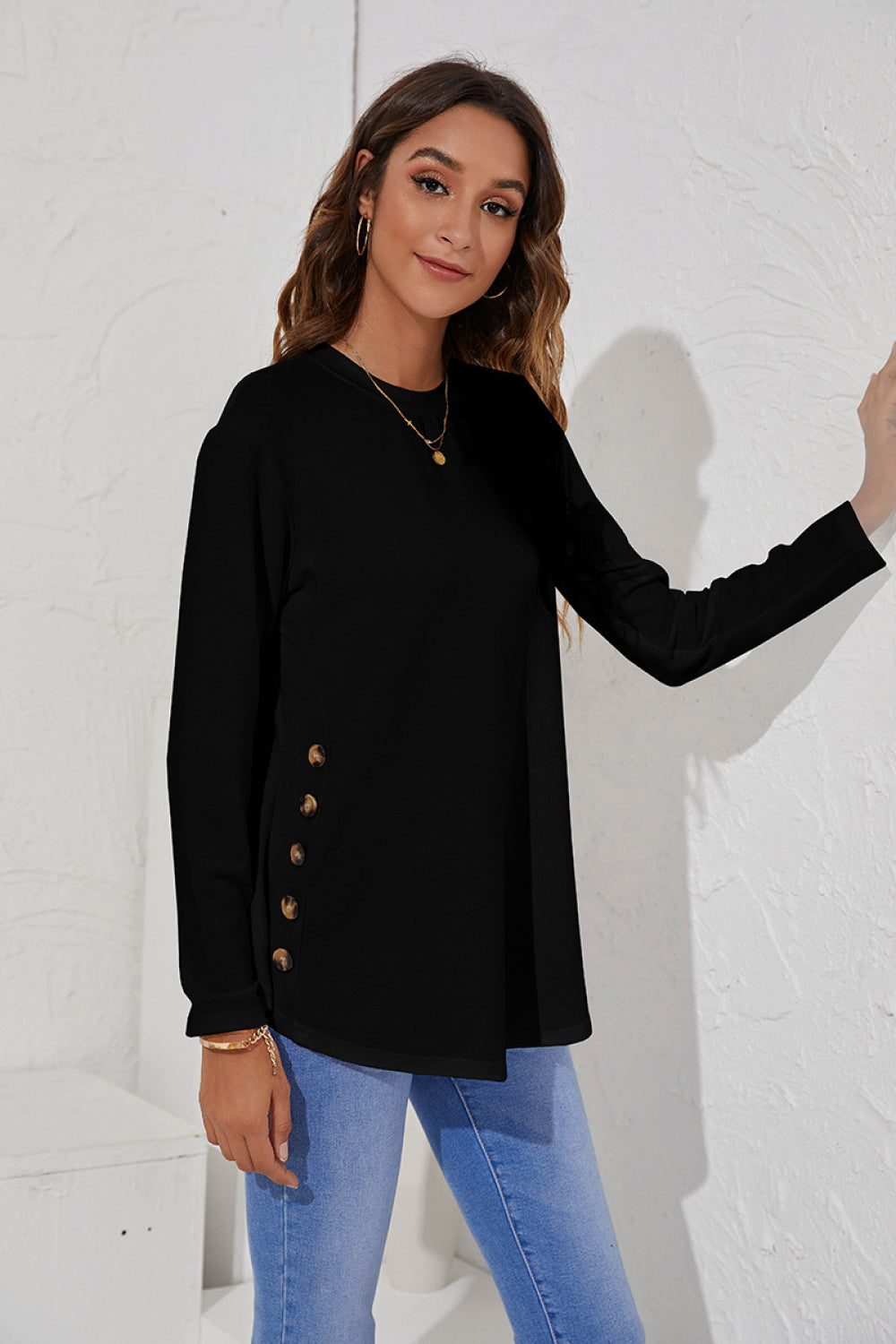 Side Button Down Long Sleeve Top - Absolute Fashion 2020