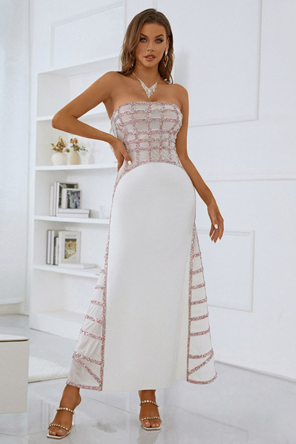 Sequin Spliced Mesh Strapless Dress