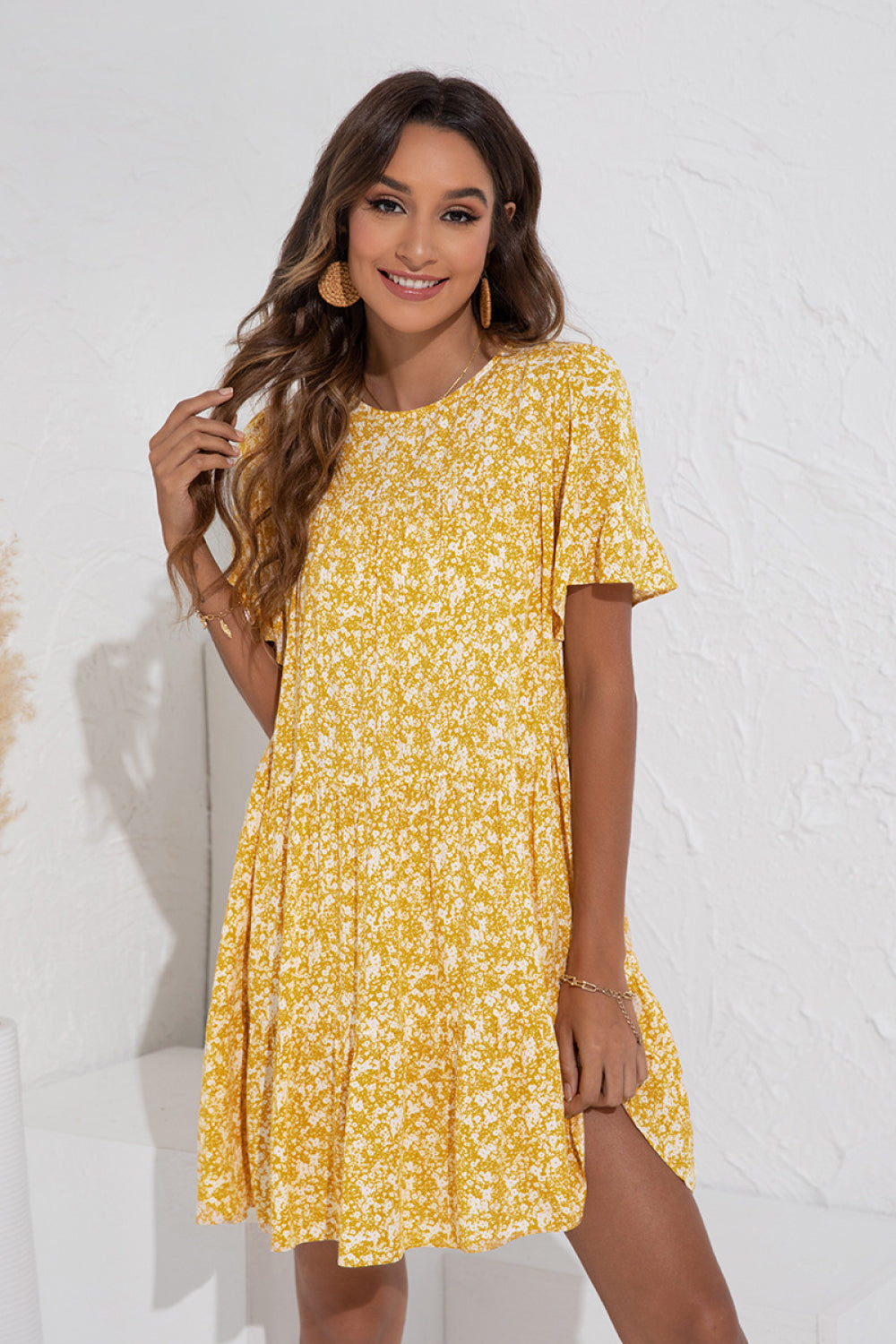Floral Round Neck Ruffle Sleeve Dress - Absolute Fashion 2020