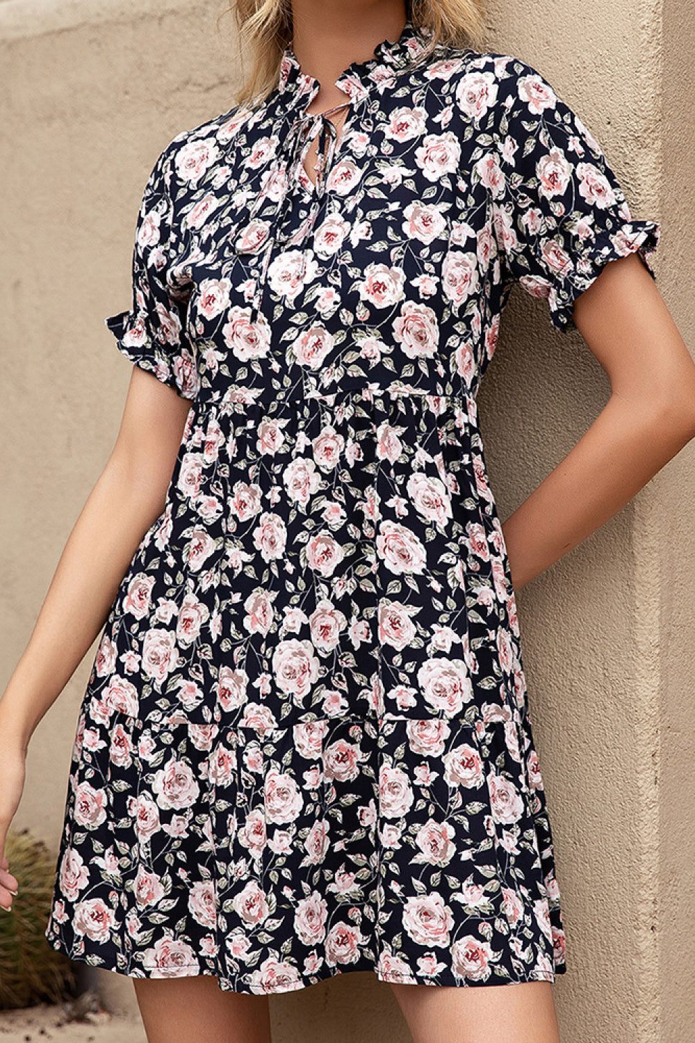 Floral Ruffle Trim Tie-Neck Dress - Absolute Fashion 2020