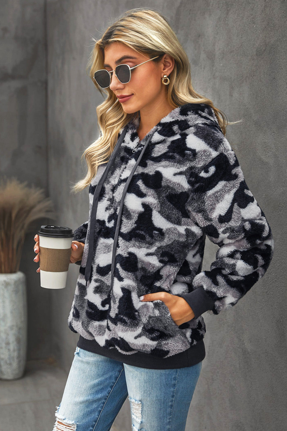 Camouflage Half Zip Fuzzy Hoodie - Absolute Fashion 2020