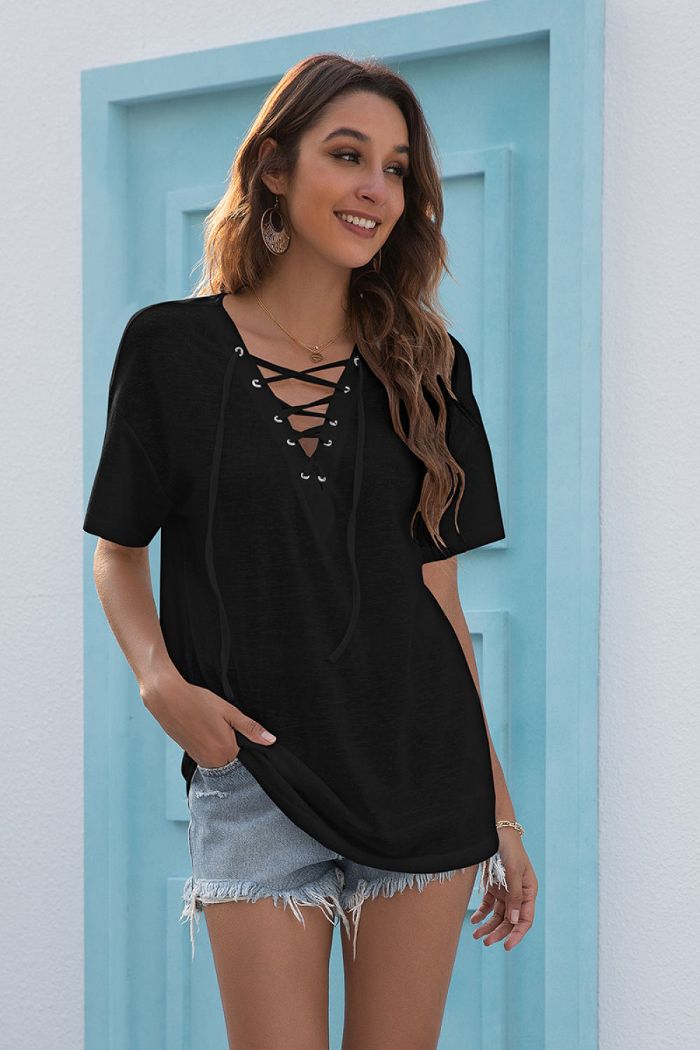 Short Sleeve Lace Up Front Top - Absolute Fashion 2020