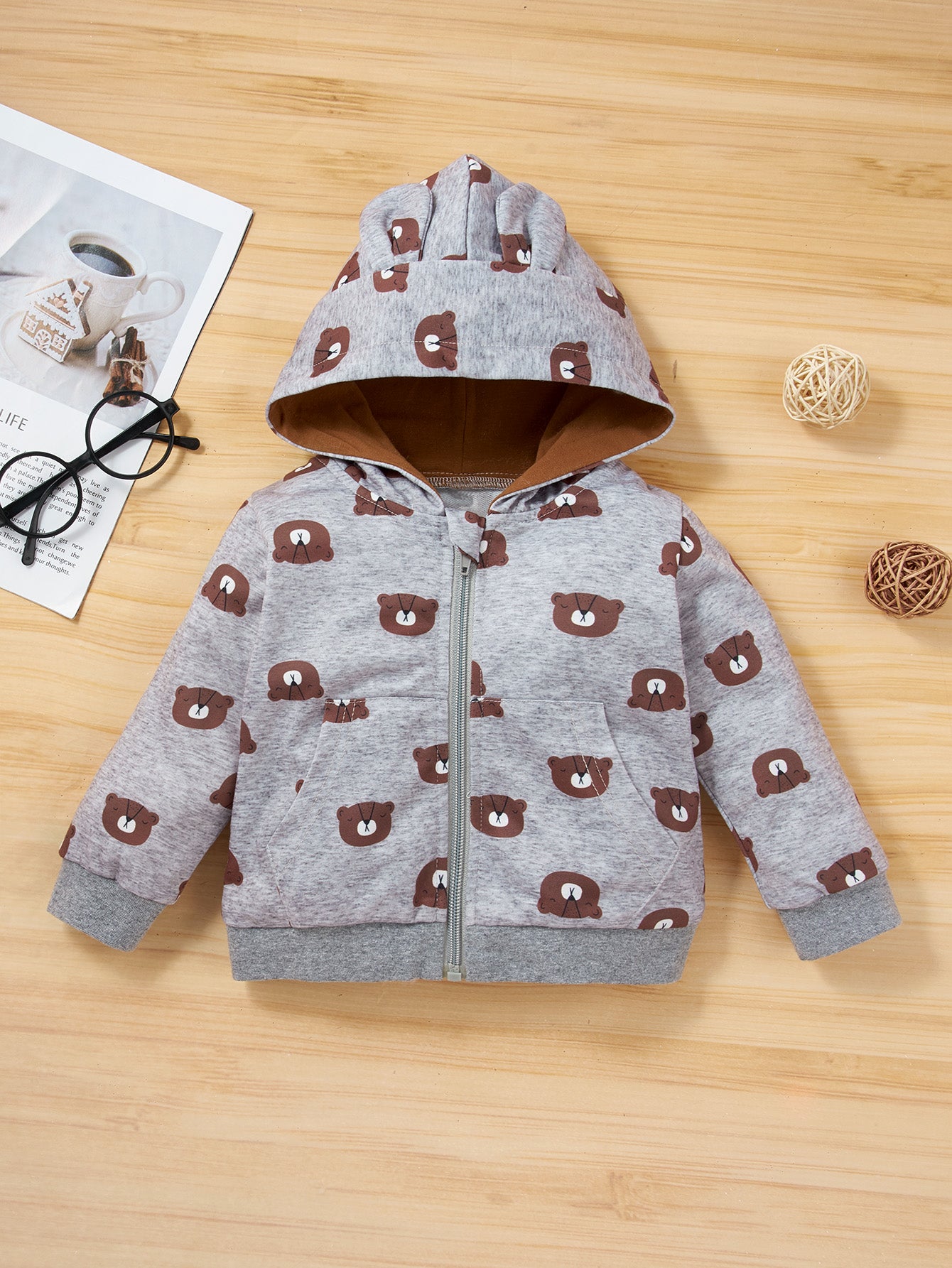 Girls Striped Onesie Solid Pants and Bear Hoodie Set