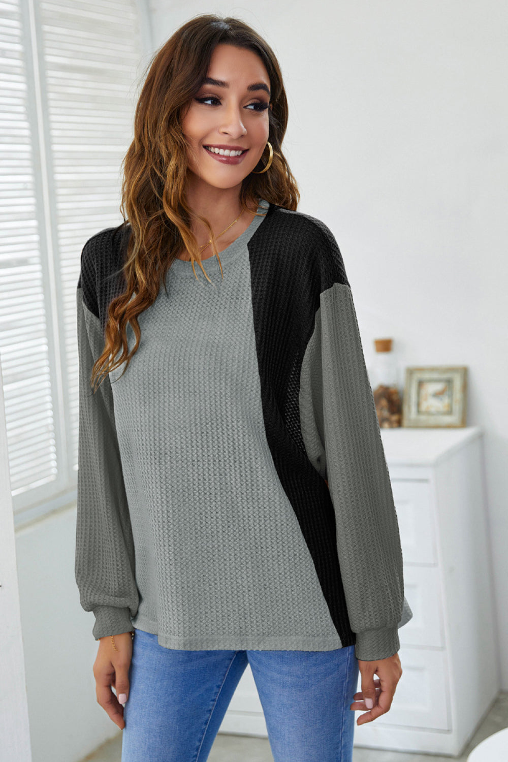 Color Block Waffle Knit Top