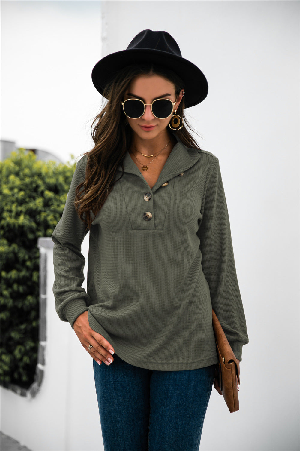 Button Lapel Collar Half Placket Top - Absolute Fashion 2020