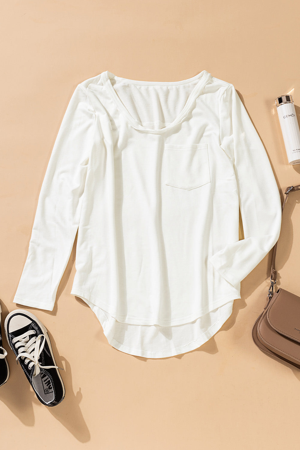 Chest Pocket V-Neck Curved Hem Top - Absolute Fashion 2020