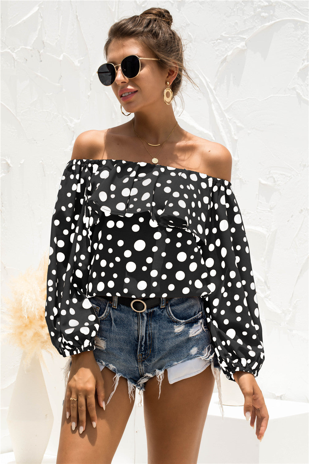 Cold Shoulder Ruffle Detail Polka Dot Blouse - Absolute Fashion 2020