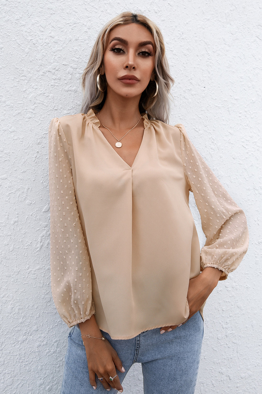 Swiss Dot Puff Sleeve Contrast Blouse - Absolute Fashion 2020