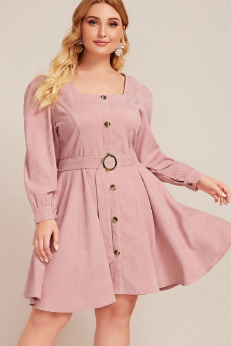 Square Neck Long Sleeve Button up A Line Dress - Absolute Fashion 2020