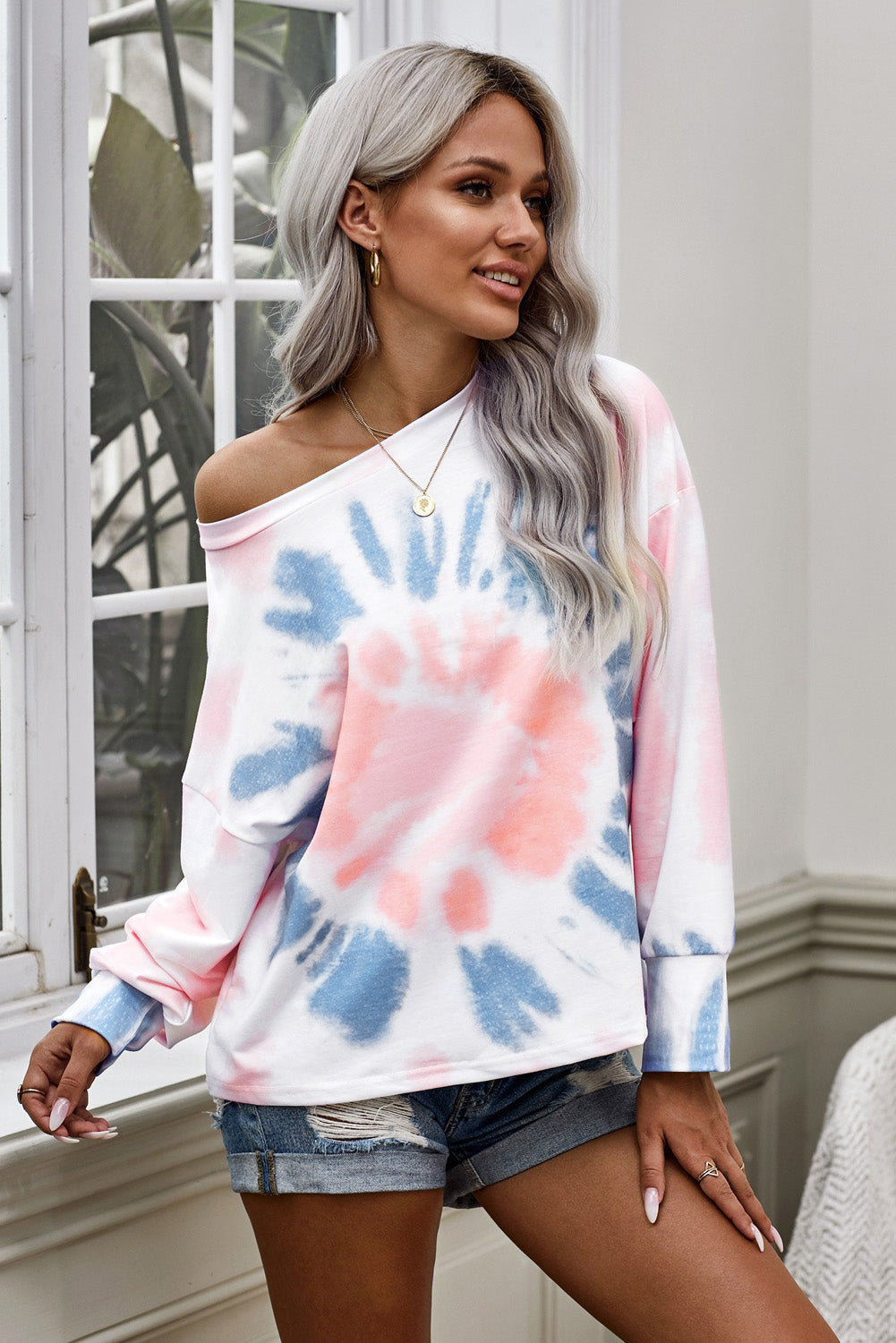 Tie-Dye Boat Neck Batwing Sleeve Tee - Absolute Fashion 2020