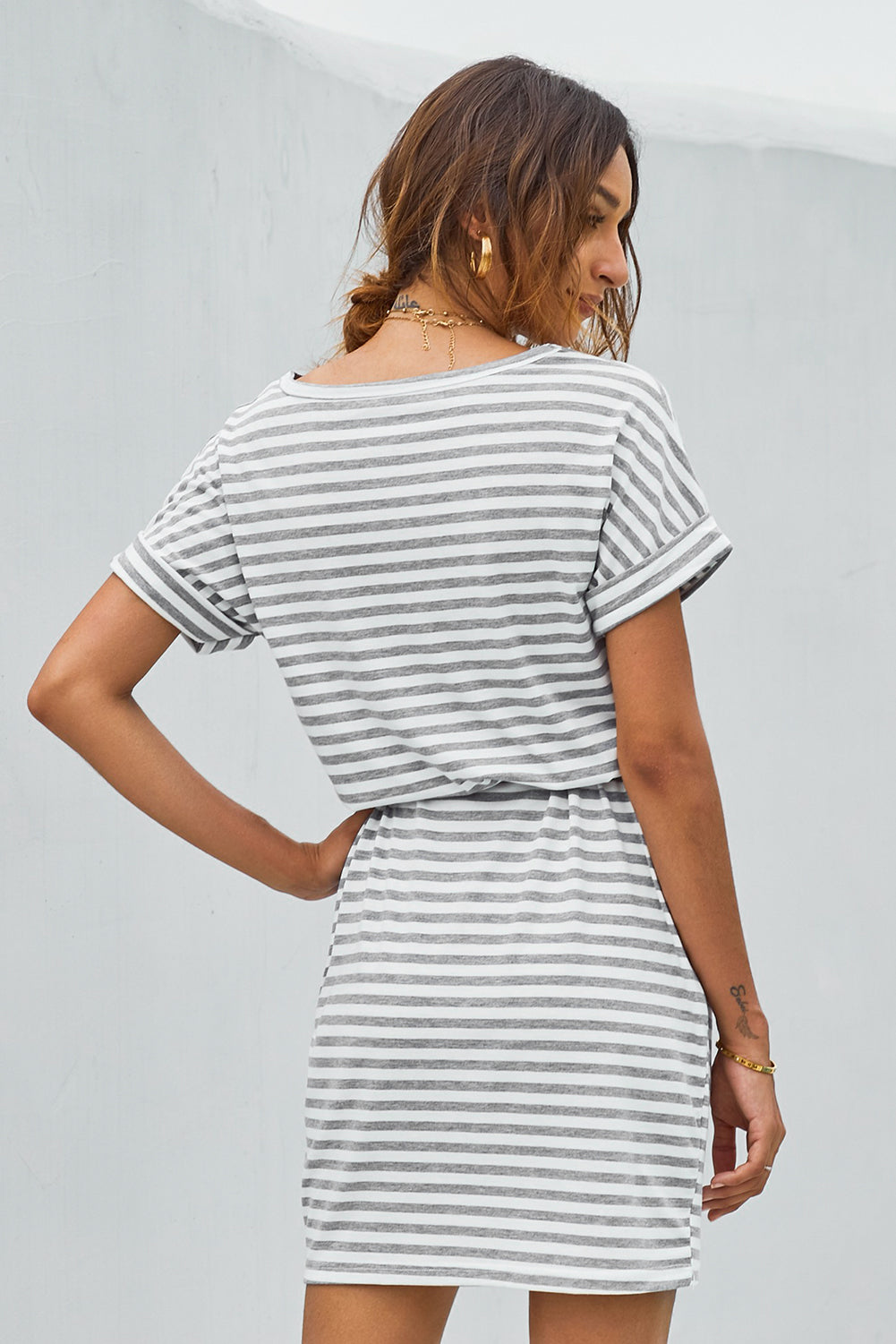 Stripes Pocketed T-shirt Dress with Belt - Absolute Fashion 2020