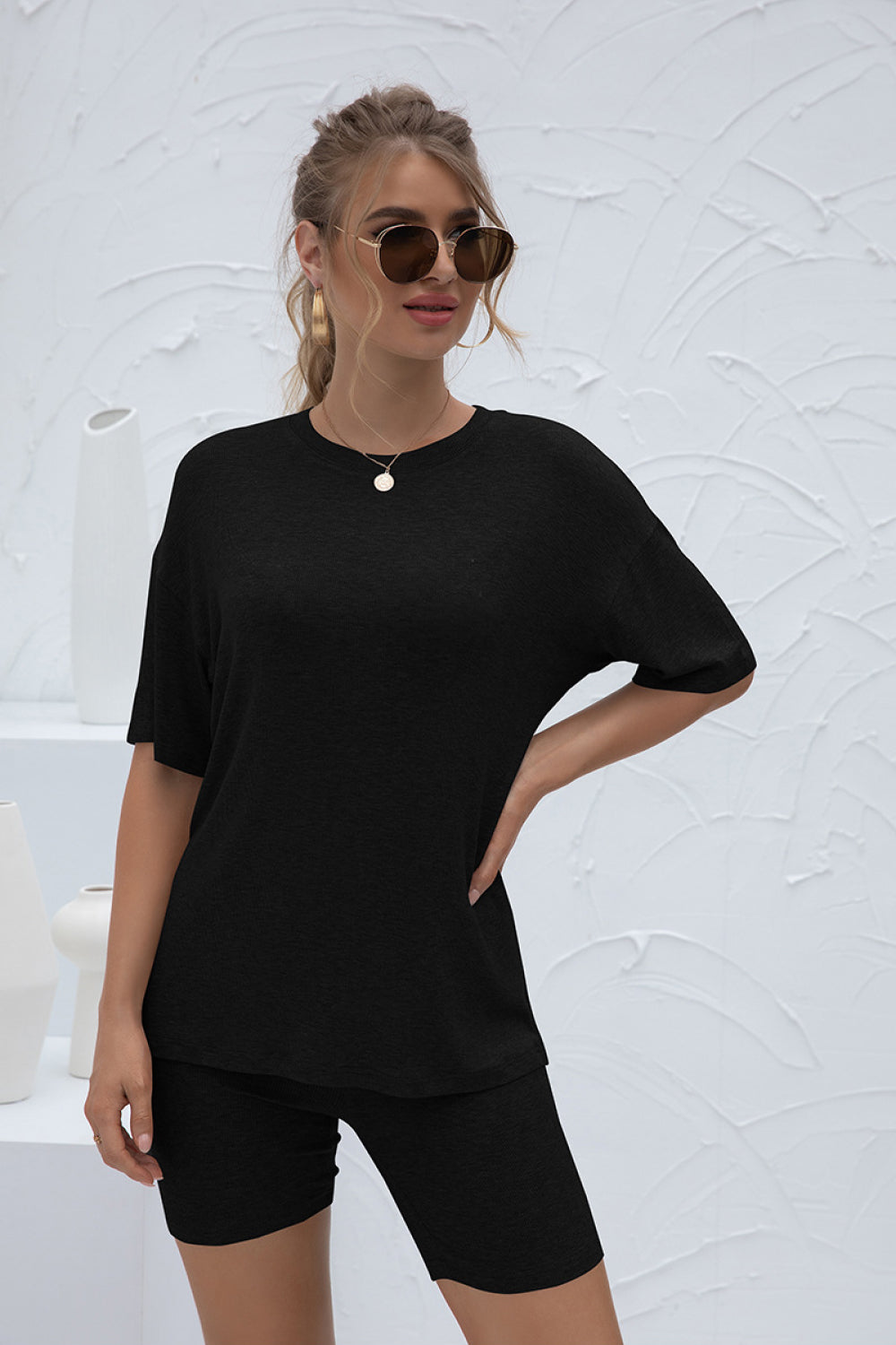 Round Neck Short Sleeve and Pants Set - Absolute Fashion 2020