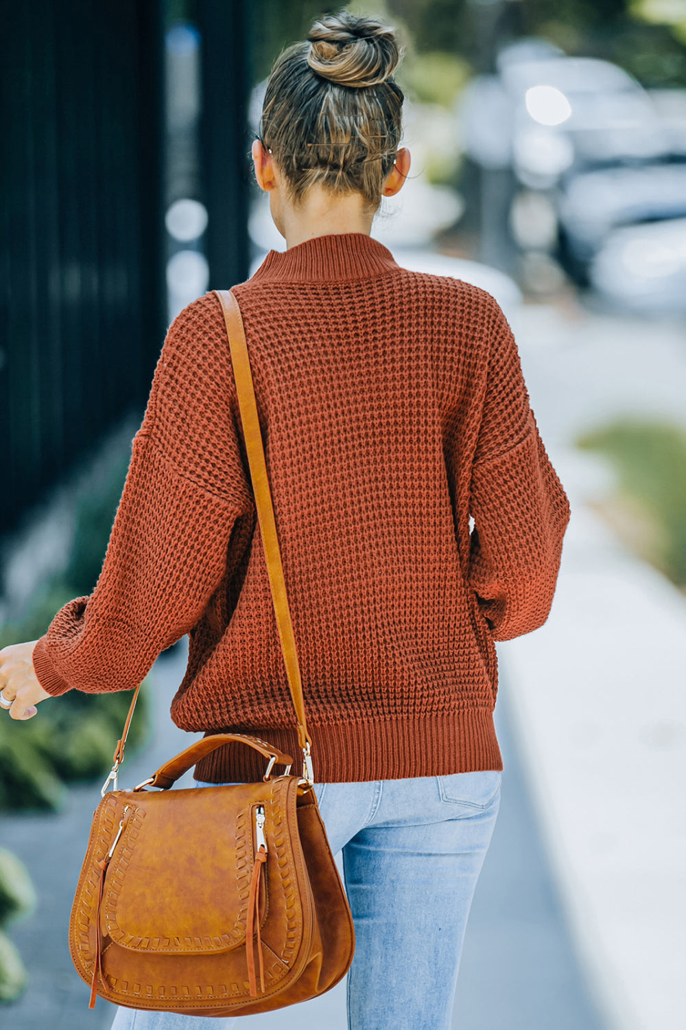 Ribbed Detail Mock Neck Waffle Sweater - Absolute Fashion 2020