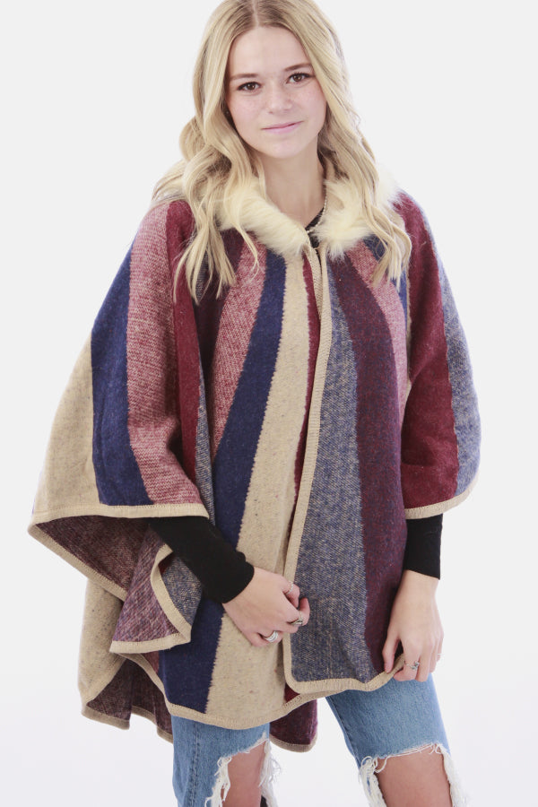 Faux Fur Collar Poncho