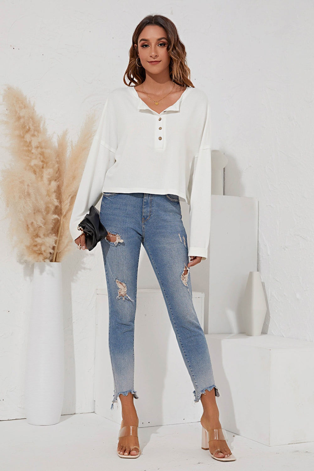 Button Up Cropped Long Sleeve Top - Absolute Fashion 2020