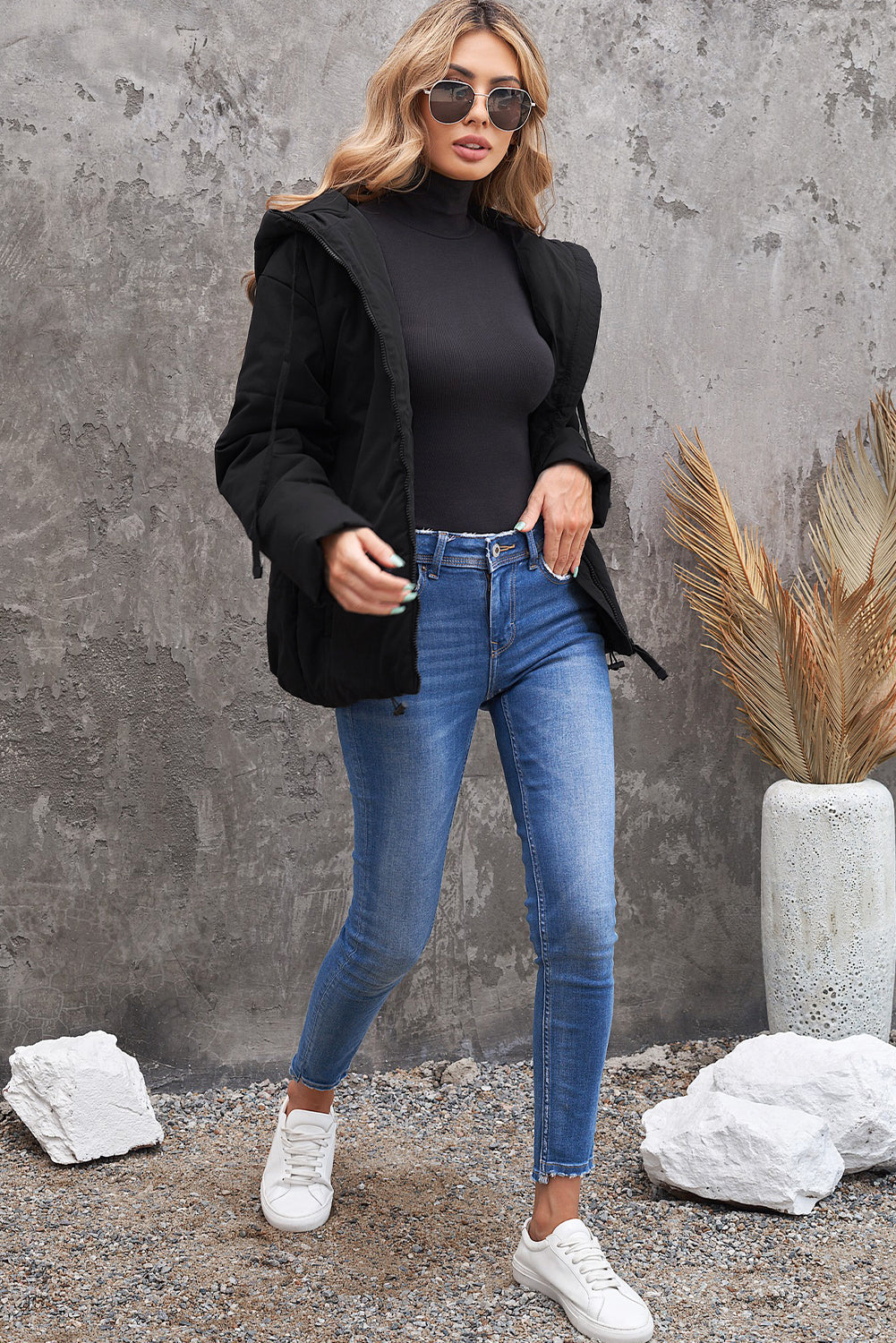 Drawstring Hem Hooded Jacket with Pockets