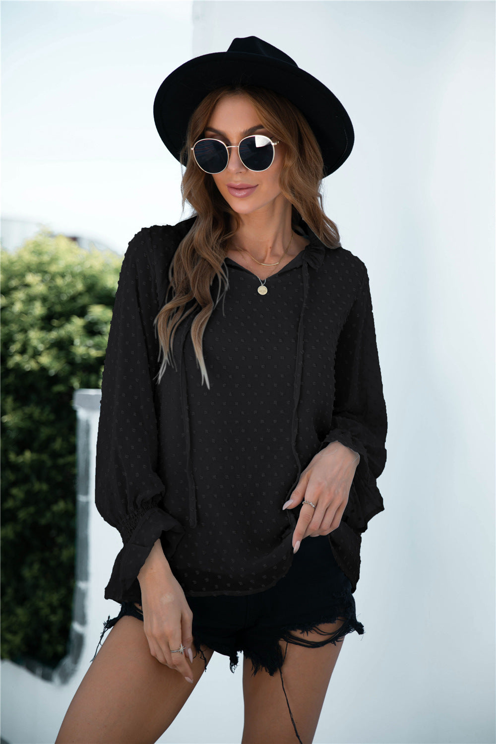 Swiss Dot Flounce Shirred Cuff Blouse - Absolute Fashion 2020