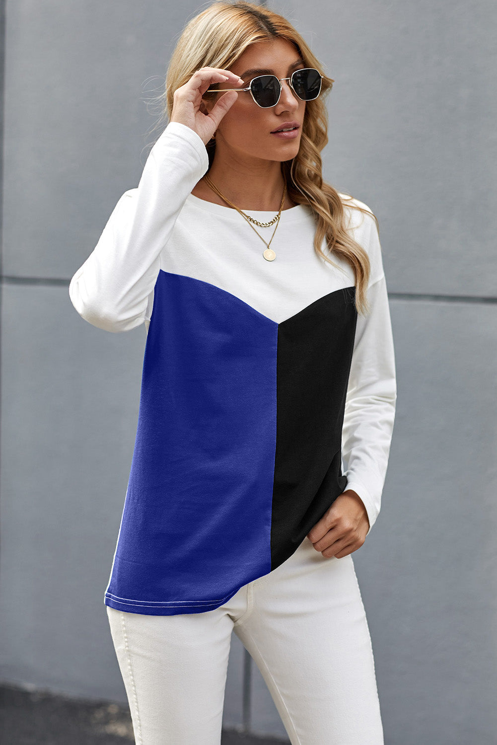 Color Block Splicing O-Neck Blouse - Absolute Fashion 2020