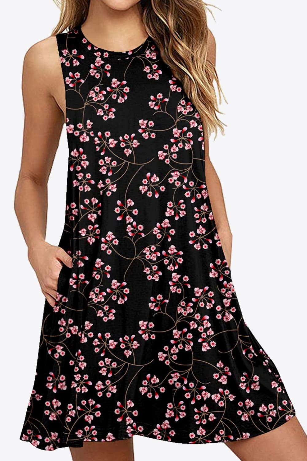 Full Size Printed Round Neck Sleeveless Dress