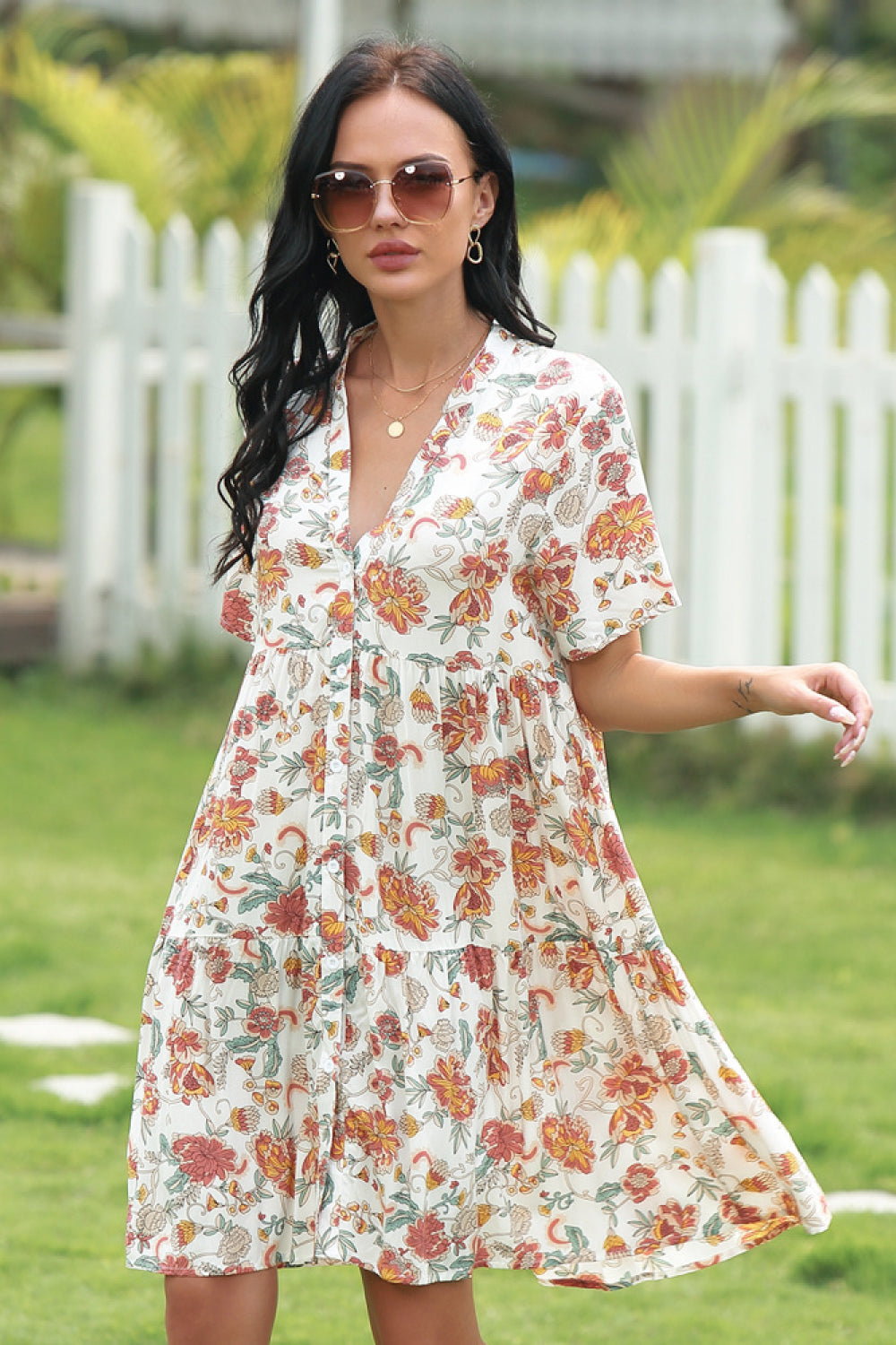 Full Size Floral V-neckline Dress