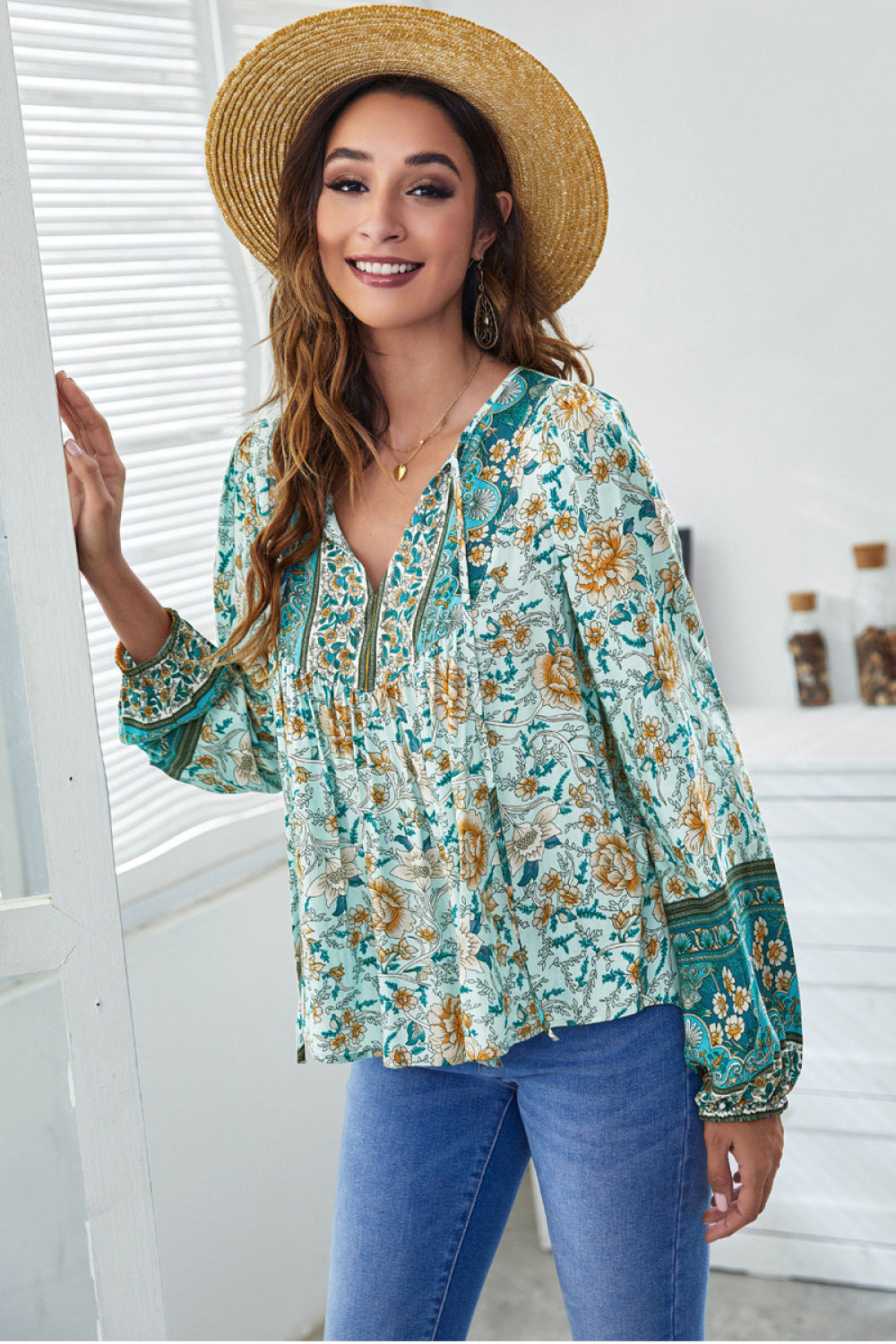 Floral Tie Neck Blouse
