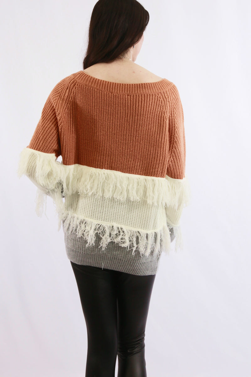 Fringe Detail Color Block Sweater